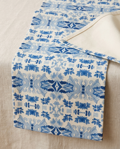 Blue Spanish Tile table runner close-up — cotton twill front with natural cotton reverse and hemmed edge