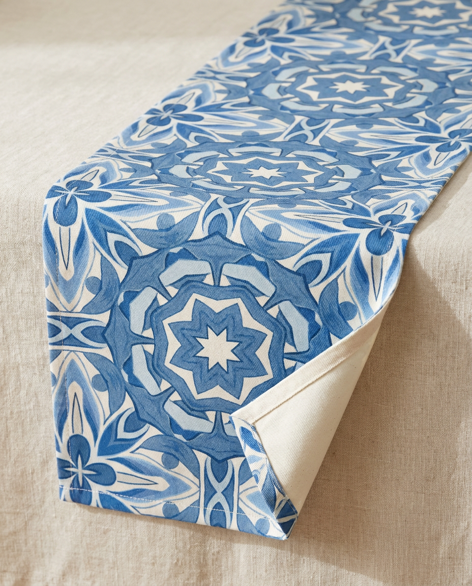 Delft Blue Star Tile table runner close-up — cotton twill front with natural cotton reverse and hemmed edge