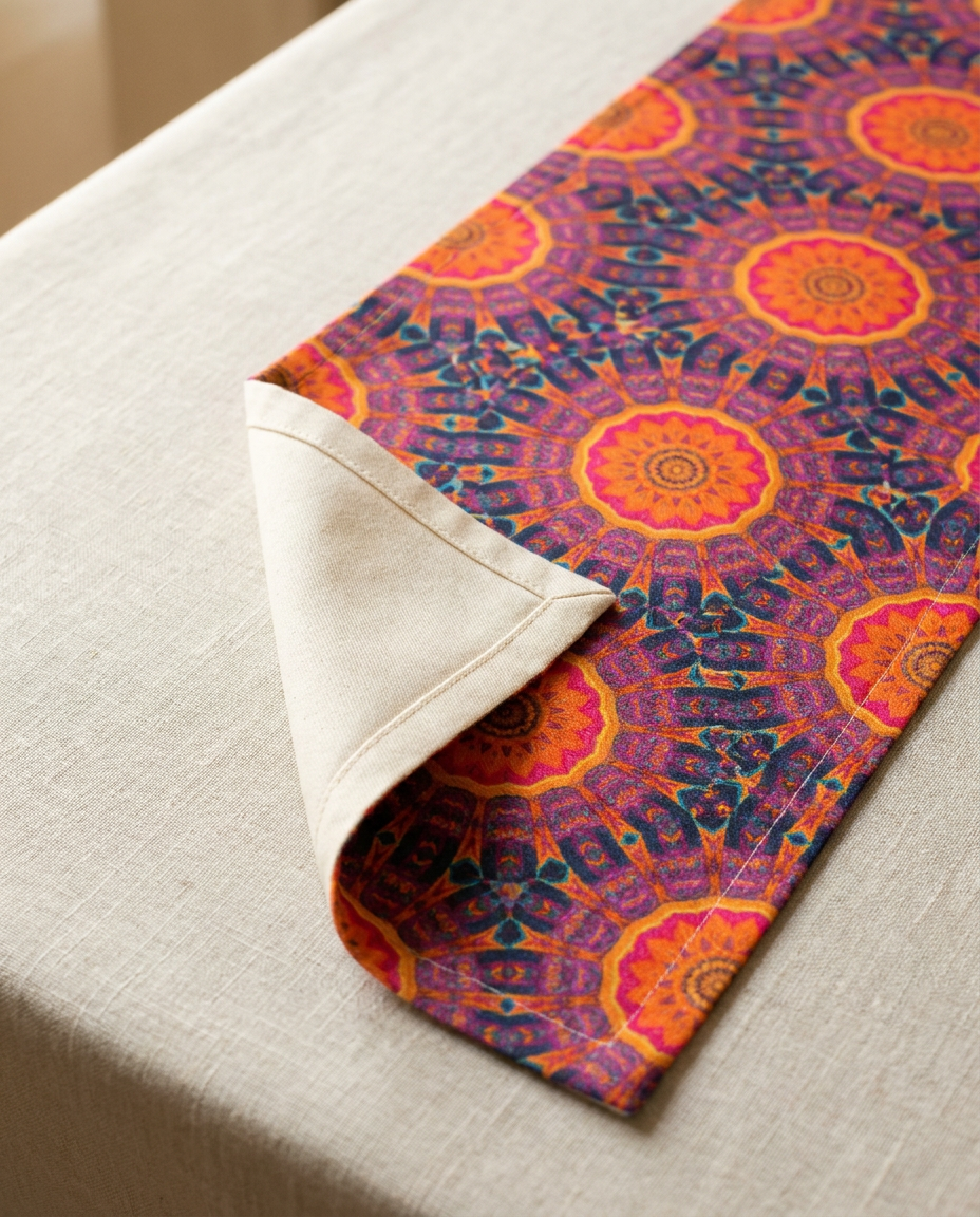 Fiery Mosaic Magic table runner close-up — cotton twill front with natural cotton reverse and hemmed edge