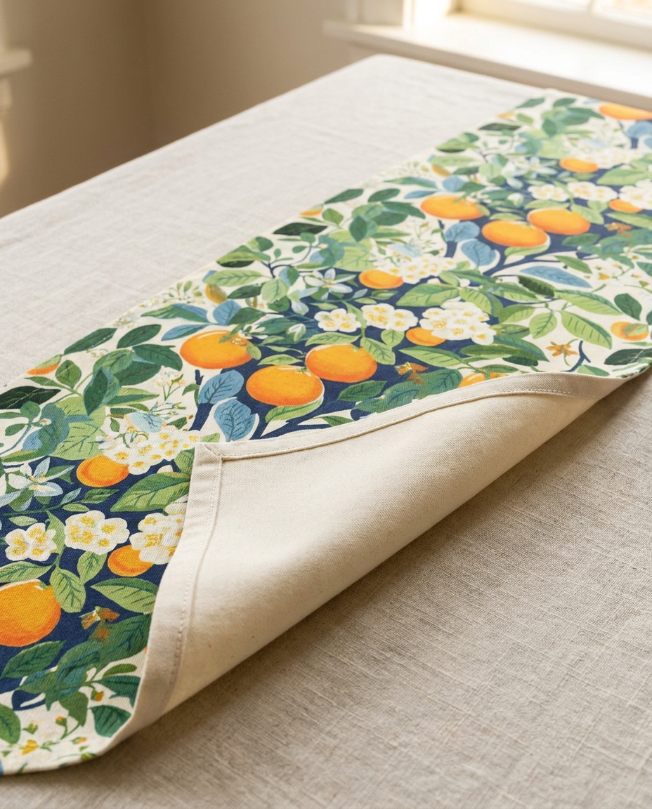 Happy Oranges & Blossoms table runner close-up — cotton twill front with natural cotton reverse and hemmed edge