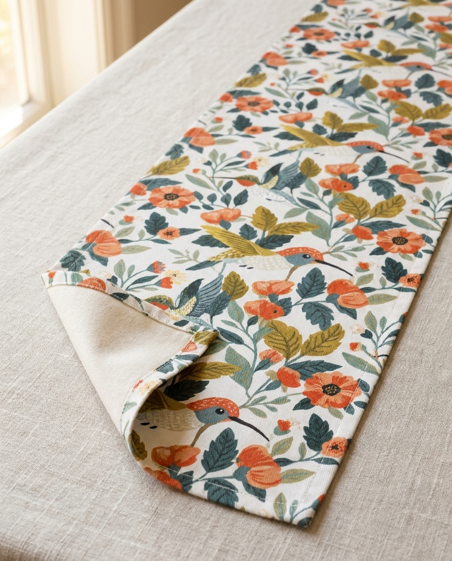 Hummingbird Harmony table runner close-up — cotton twill front with natural cotton reverse and hemmed edge