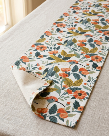Hummingbird Harmony table runner close-up — cotton twill front with natural cotton reverse and hemmed edge