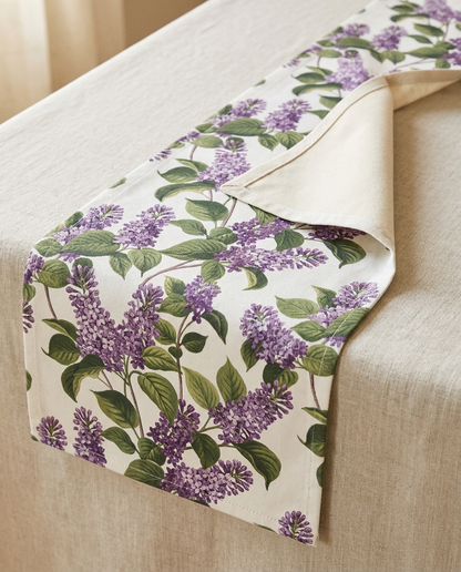 I Love Lilacs table runner close-up — cotton twill front with natural cotton reverse and hemmed edge