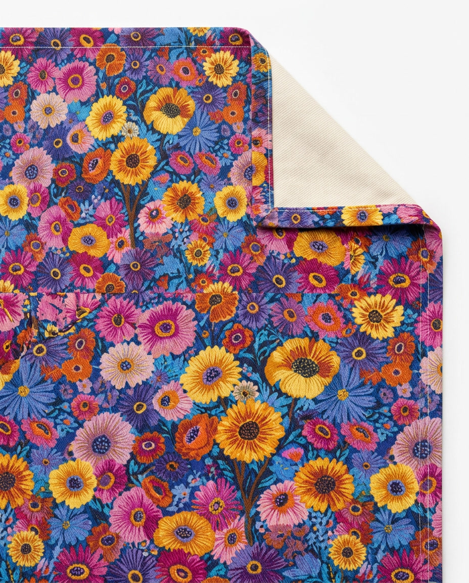 Midnight Garden Whimsy table runner close-up — cotton twill front with natural cotton reverse and hemmed edge