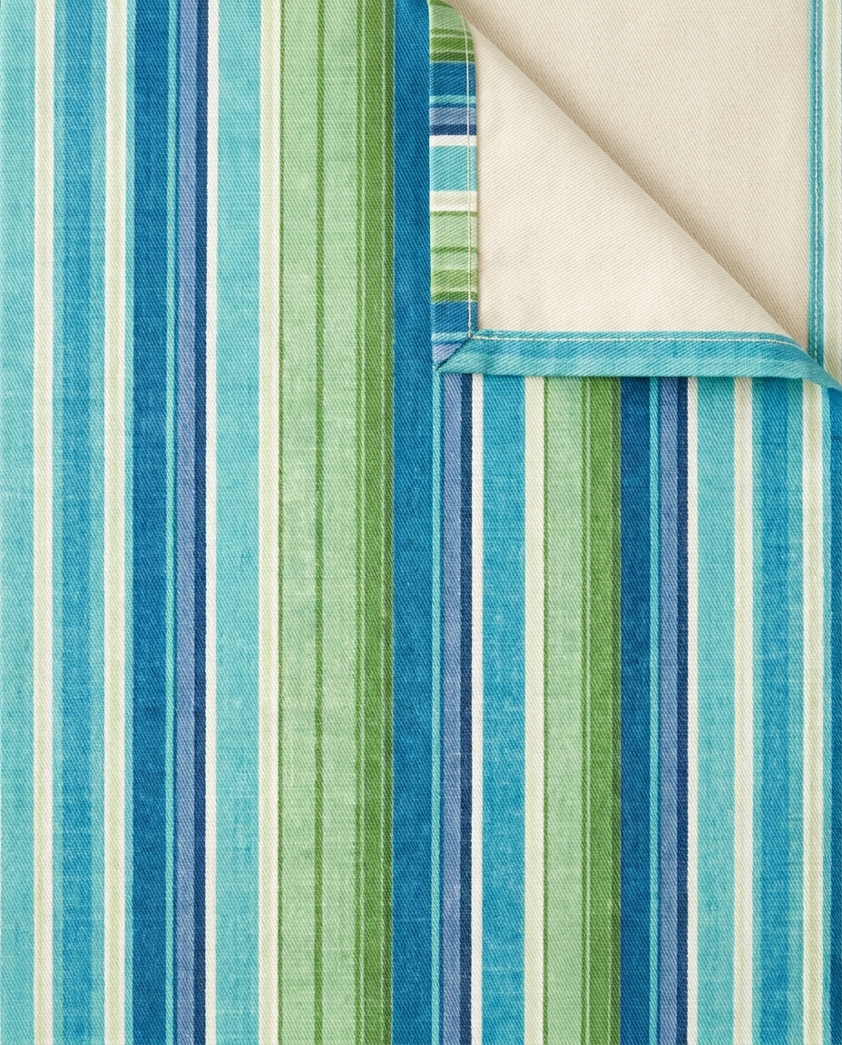 Ocean Whisper Stripes table runner close-up — cotton twill front with natural cotton reverse and hemmed edge