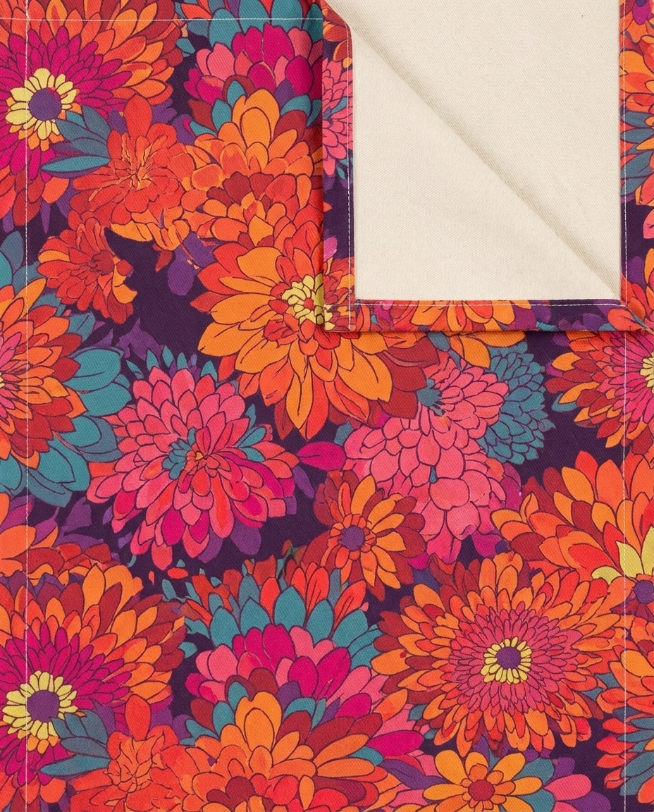 On Fire Flower Power table runner close-up — cotton twill front with natural cotton reverse and hemmed edge