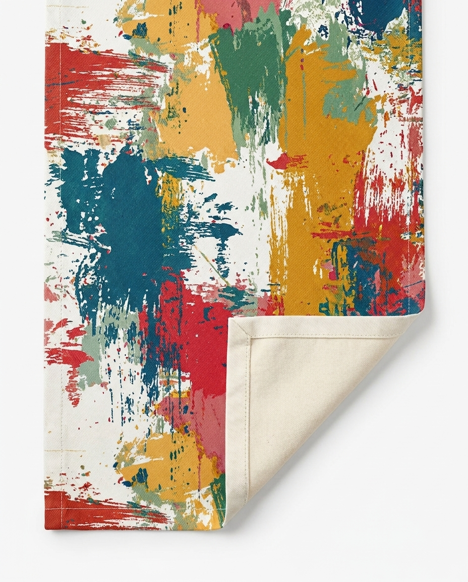 Paint Splash Palette table runner close-up — cotton twill front with natural cotton reverse and hemmed edge
