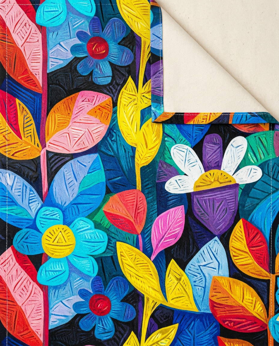 Rhapsody in Bloom table runner close-up — cotton twill front with natural cotton reverse and hemmed edge
