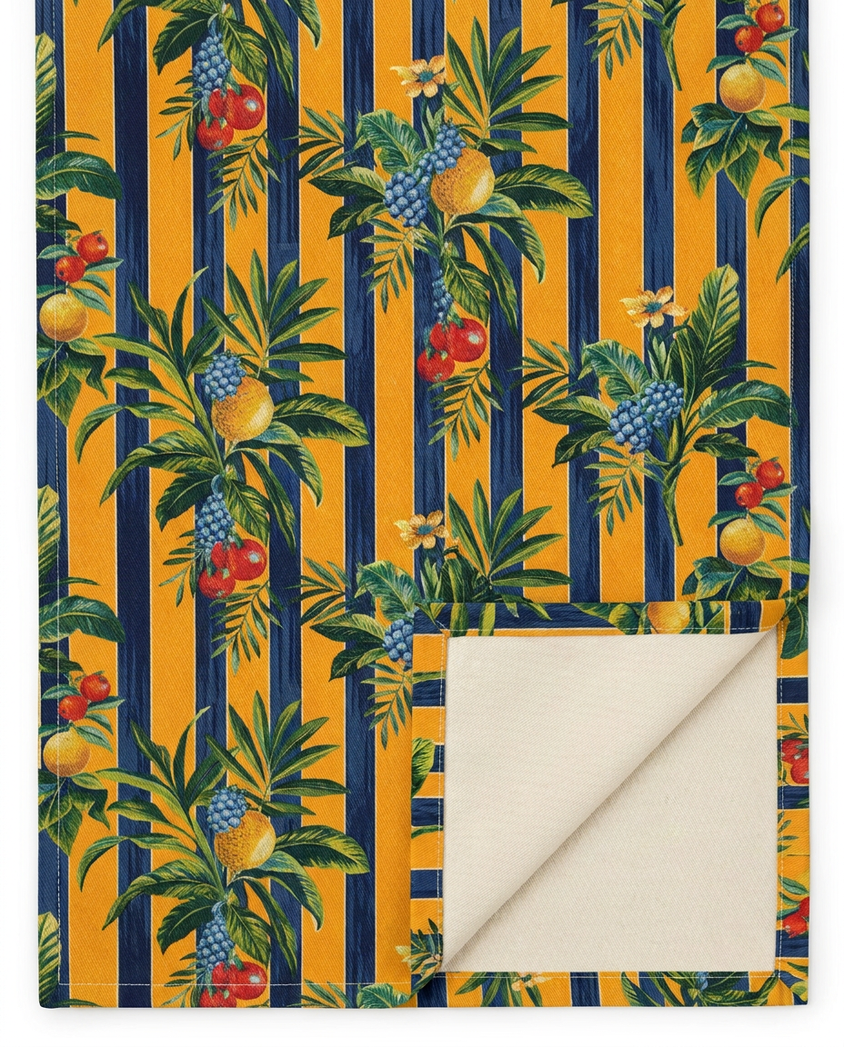 Riviera Fruitscape table runner close-up — cotton twill front with natural cotton reverse and hemmed edge