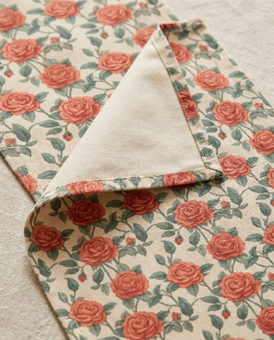 Romantic Rose table runner close-up — cotton twill front with natural cotton reverse and hemmed edge