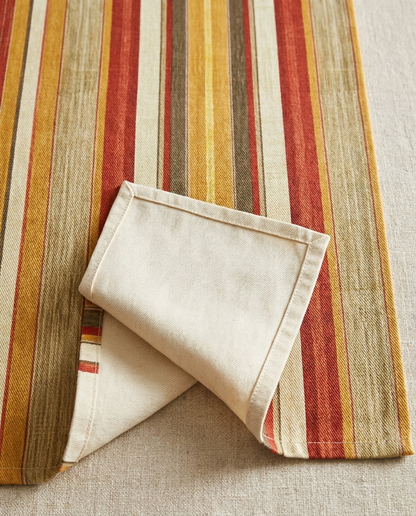 Royal Stripes Delight table runner close-up — cotton twill front with natural cotton reverse and hemmed edge