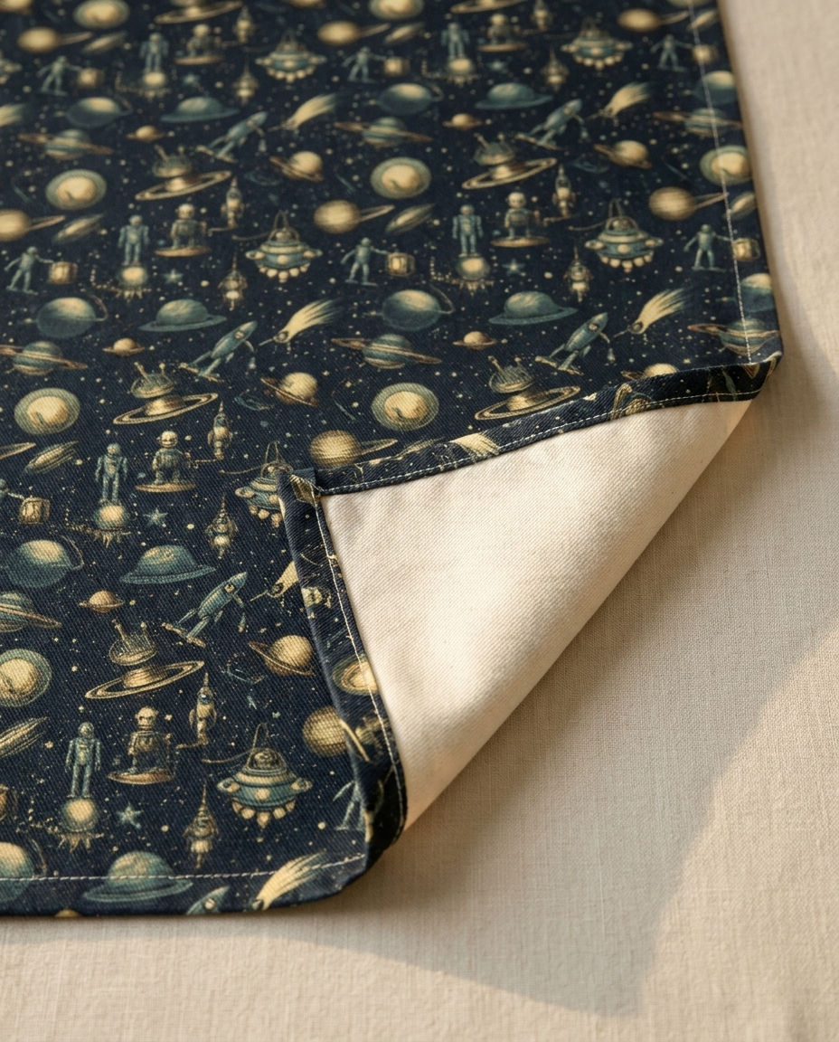 Steampunk Space Explorer table runner close-up — cotton twill front with natural cotton reverse and hemmed edge