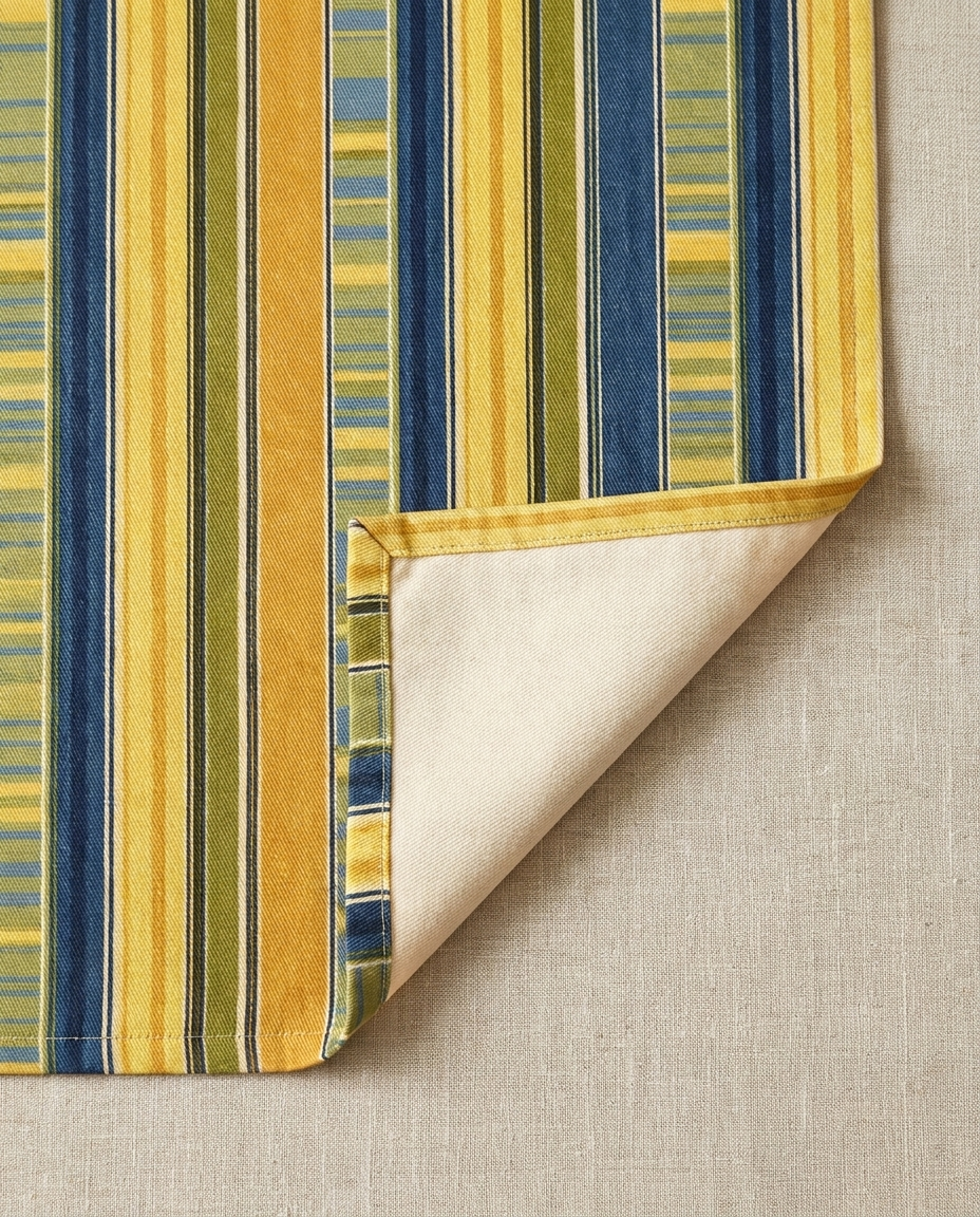 Summer Stripes Delight table runner close-up — cotton twill front with natural cotton reverse and hemmed edge
