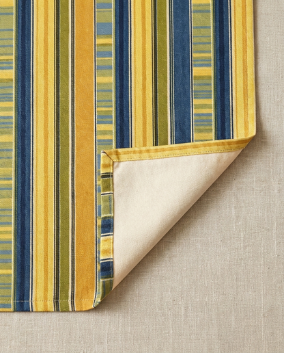 Summer Stripes Delight table runner close-up — cotton twill front with natural cotton reverse and hemmed edge