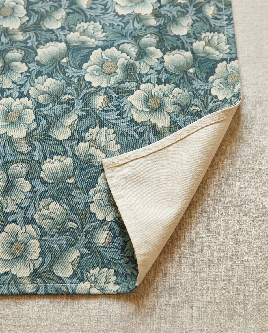 Timeless Teal English Garden table runner close-up — cotton twill front with natural cotton reverse and hemmed edge