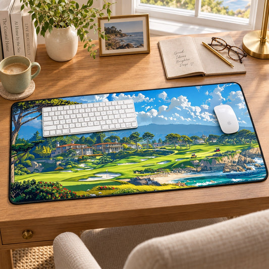 Cypress Shores Retreat Desk Mat, 32 by 16 inches, in a warm coastal study with a white Apple keyboard and mouse.