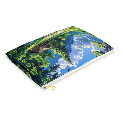 Dreams of a High Mountain Log Cabin Accessory Pouch - side view, laying flat