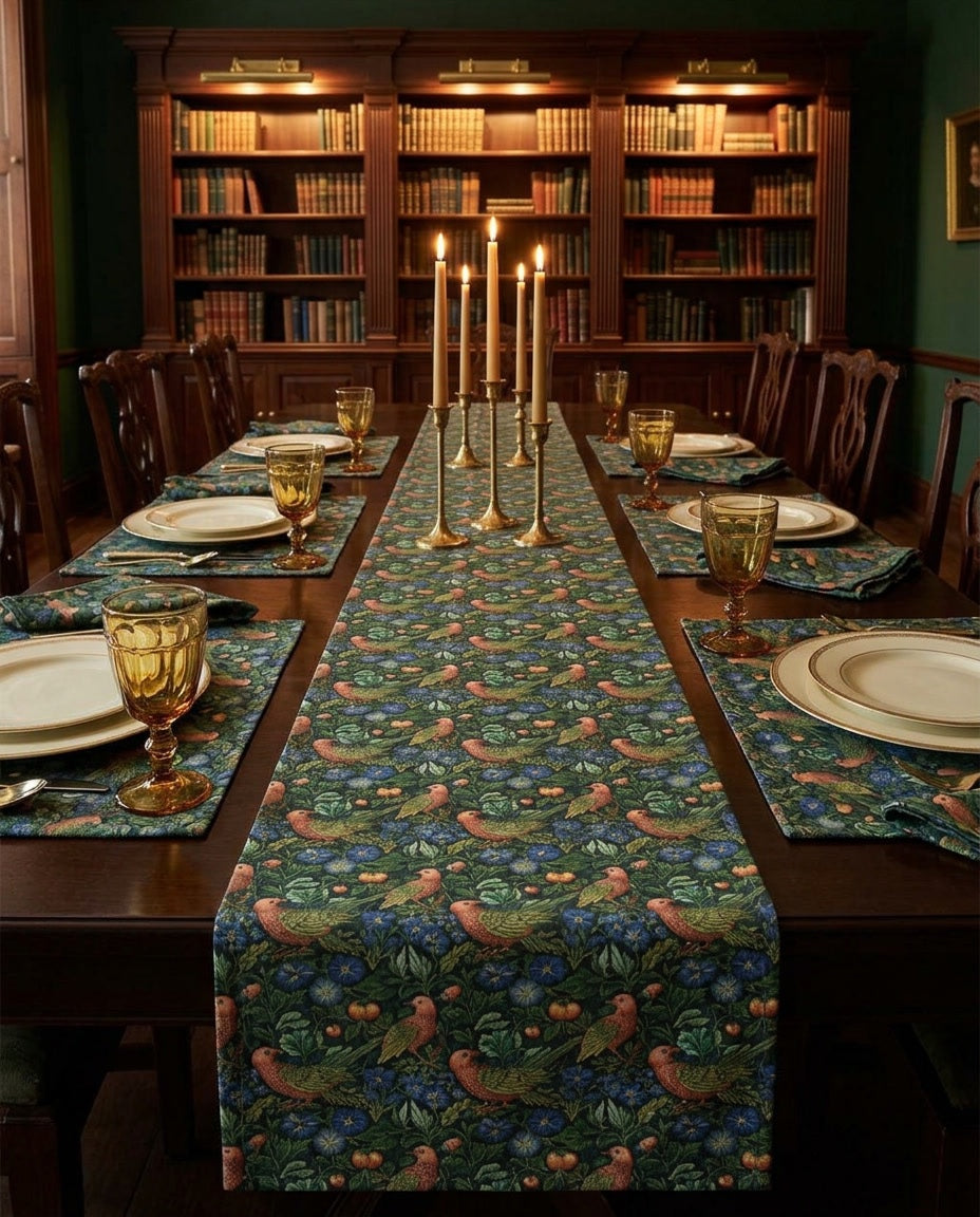 Golden Winged Bird Tapestry placemat styled with the matching table runner and napkins
