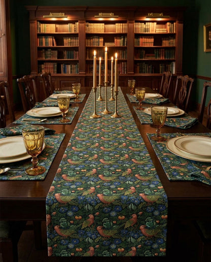 Golden Winged Bird Tapestry placemat styled with the matching table runner and napkins