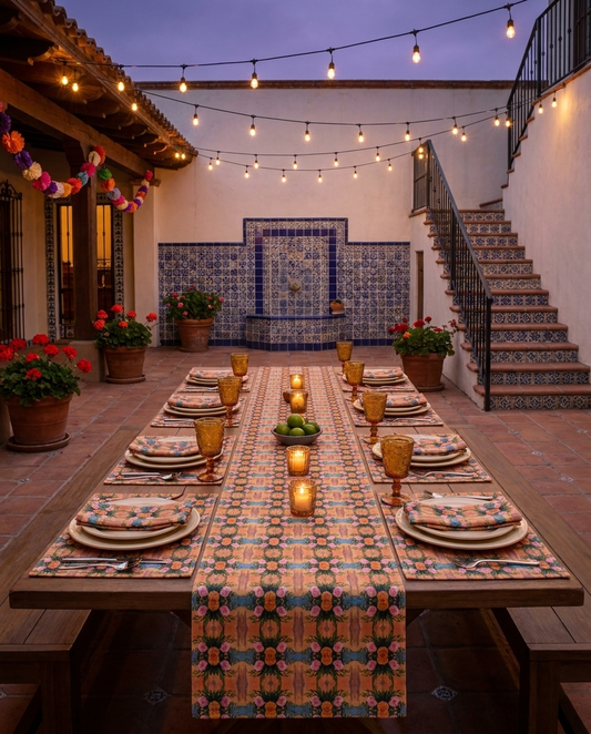 Floral Fiesta table runner styled straight-on with matching placemats and napkins