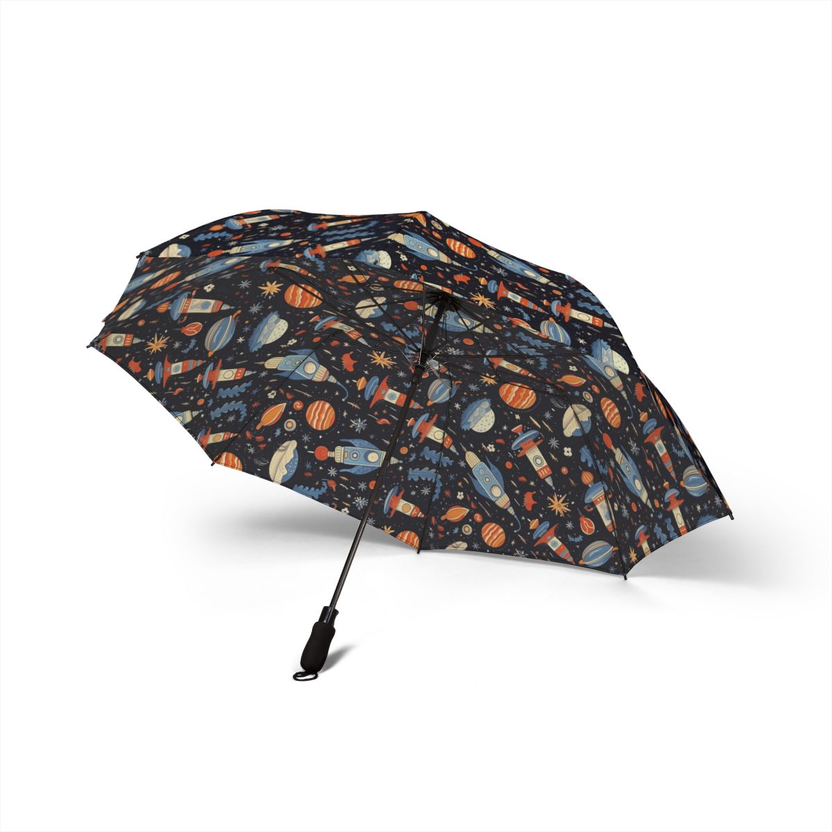 Galactic Space Rocket Romp foldable umbrella, open — side view