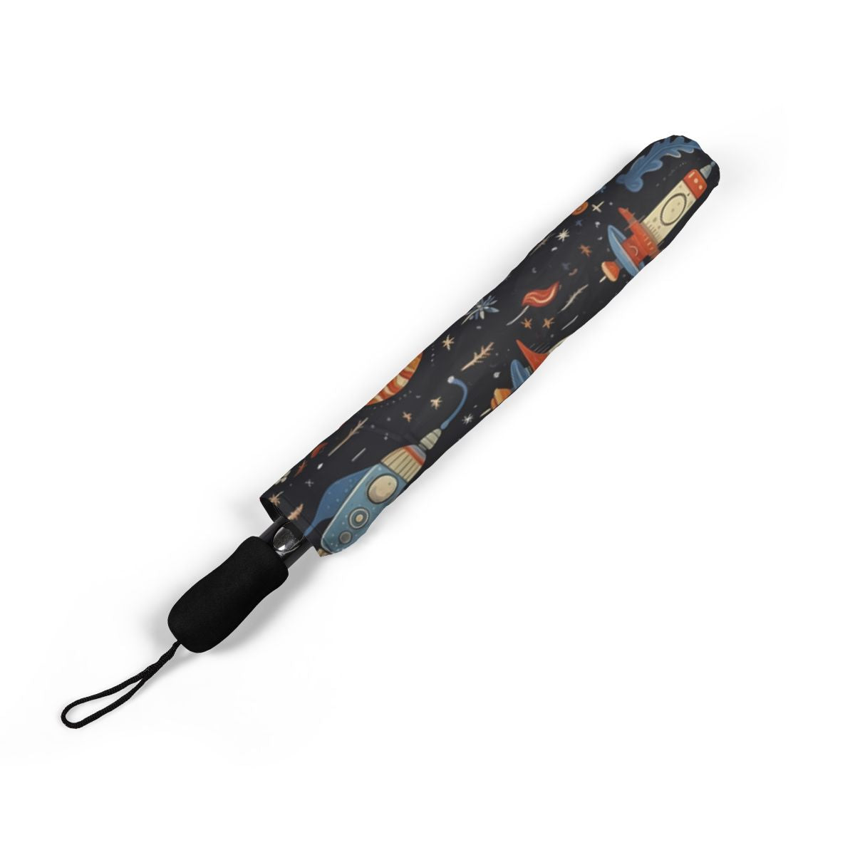 Galactic Space Rocket Romp umbrella folded closed, showing the printed canopy and wrist strap