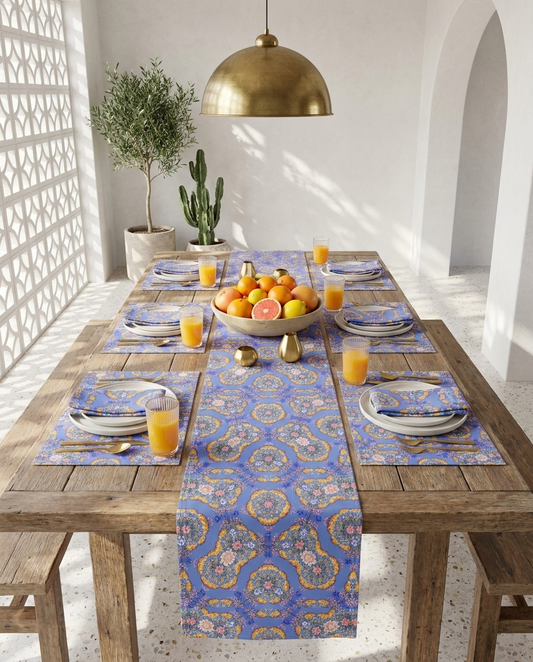 GeoPetals table runner styled straight-on with matching placemats and napkins