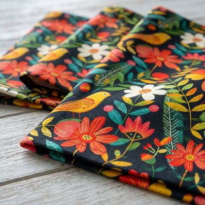 Blooming Bird Wonderland Cloth Napkins - 100% Cotton Twill - Dinner & Cocktail Sizes - Sets of 4 or 8