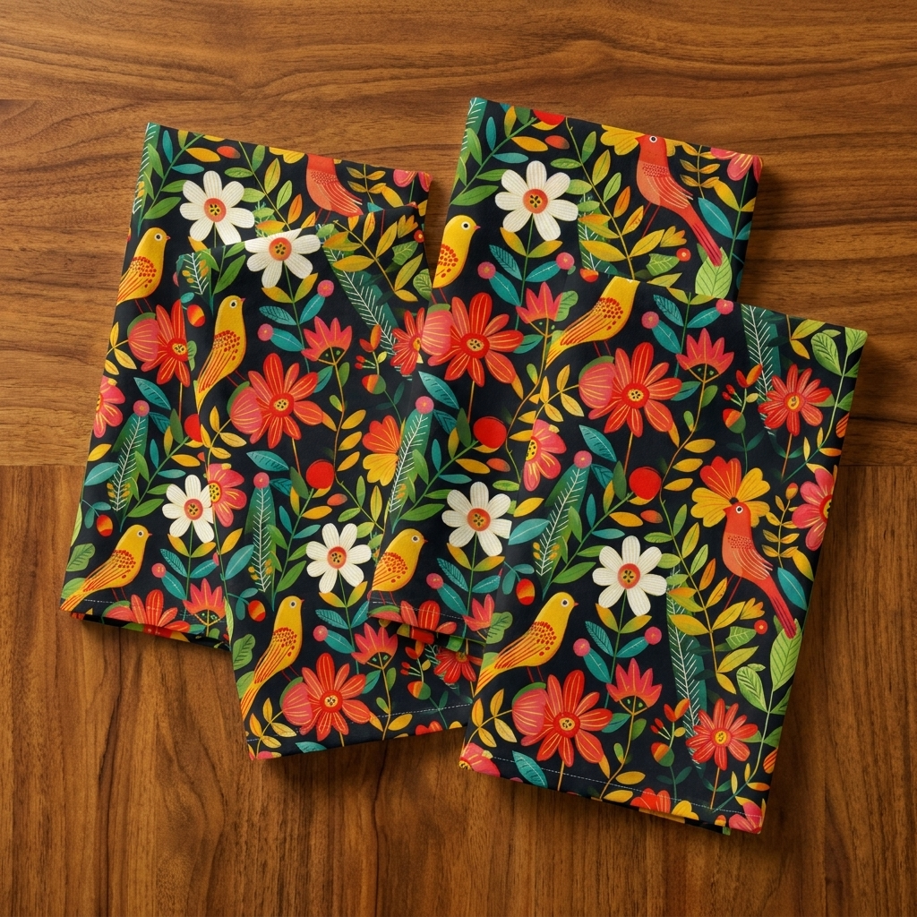 Blooming Bird Wonderland Cloth Napkins - 100% Cotton Twill - Dinner & Cocktail Sizes - Sets of 4 or 8