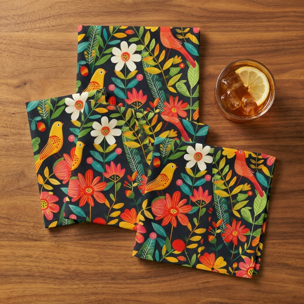 Blooming Bird Wonderland Cloth Napkins - 100% Cotton Twill - Dinner & Cocktail Sizes - Sets of 4 or 8