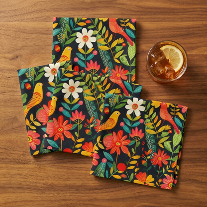 Blooming Bird Wonderland Cloth Napkins - 100% Cotton Twill - Dinner & Cocktail Sizes - Sets of 4 or 8