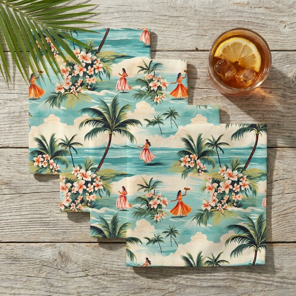 Retro Hawaiian Hula Cloth Napkins - 100% Cotton Twill - Dinner & Cocktail Sizes - Sets of 4 or 8