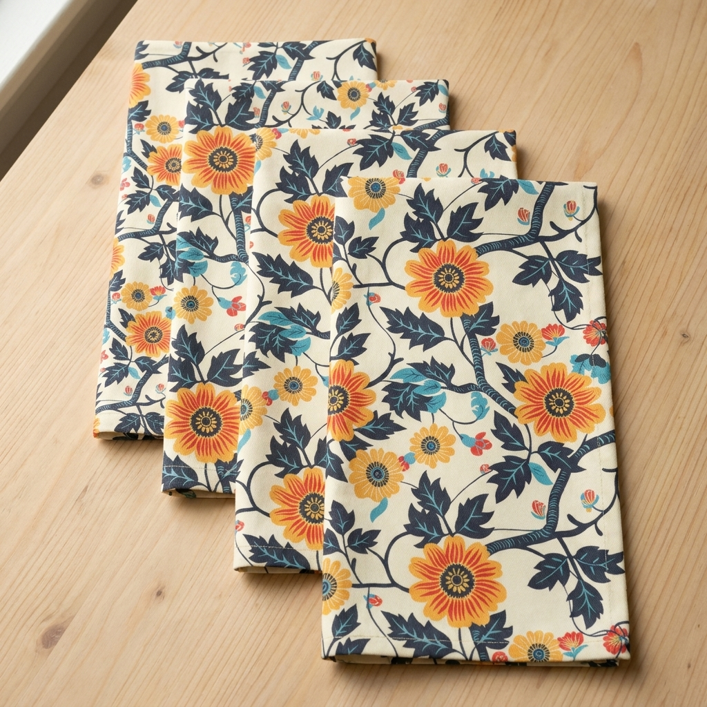 Golden Vine Tapestry dinner napkin set of four in a stepped flat lay on pale wood