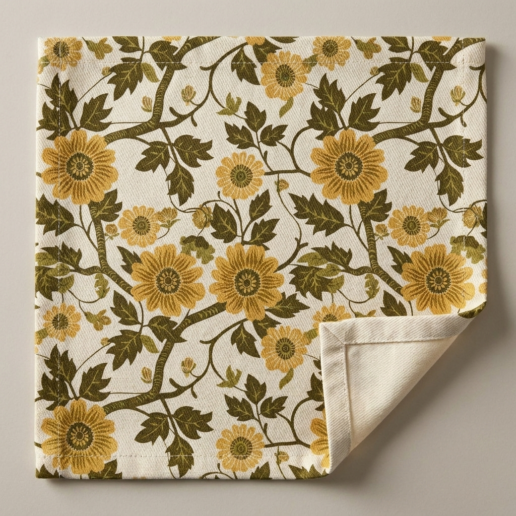 Golden Vine Tapestry cotton twill napkin macro showing printed face, hem, and natural reverse