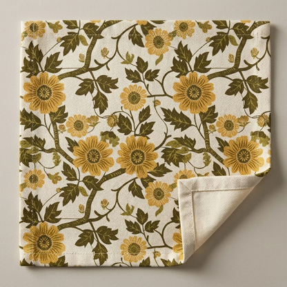 Golden Vine Tapestry cotton twill napkin macro showing printed face, hem, and natural reverse