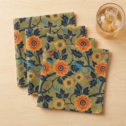 Golden Vine Tapestry cocktail napkin set of four with iced tea glass for scale