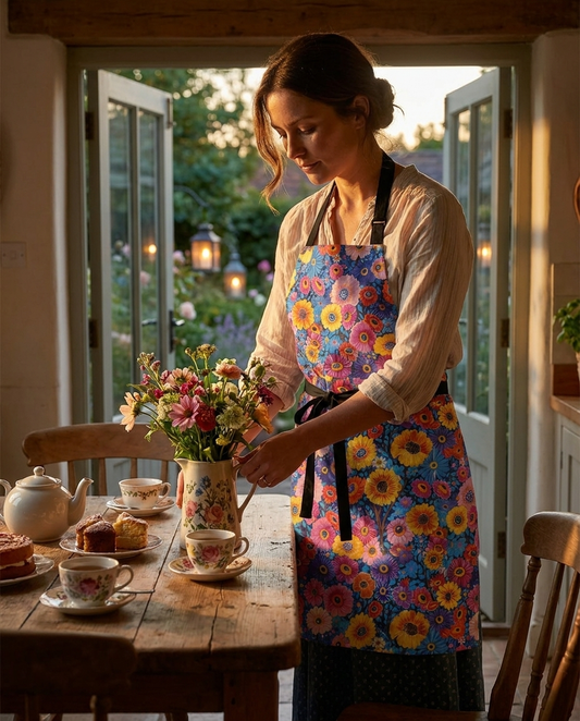 Midnight Garden Whimsy adult apron worn in a bright kitchen — 100% premium polyester