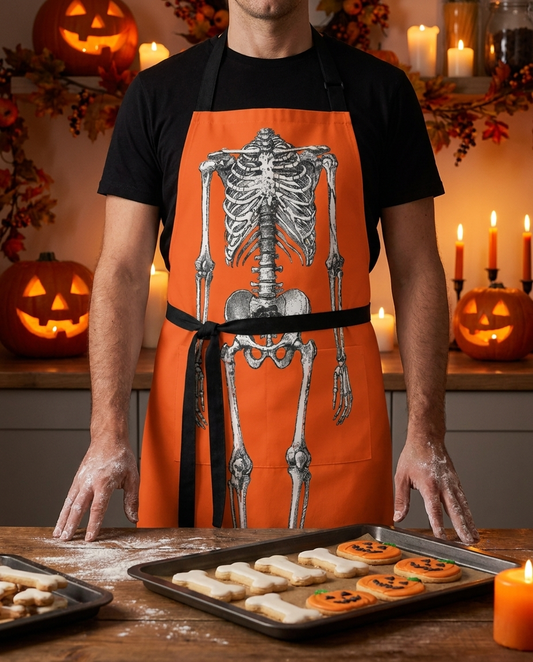 Head Chef Bone Appetit adult apron worn in a candlelit Halloween kitchen — 100% premium polyester