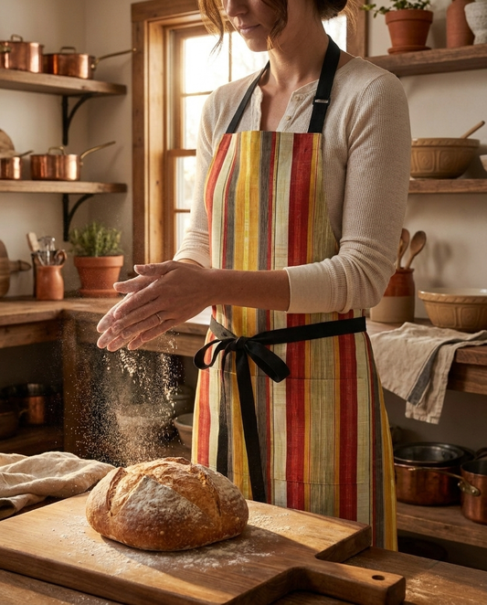 Royal Stripes Delight adult apron worn in a bright kitchen — 100% premium polyester