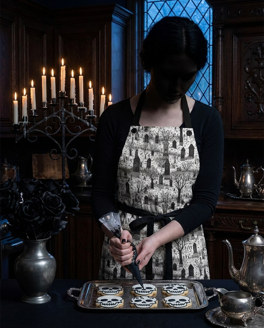 Spooky Gothic Cemetery Chic adult apron worn in a candlelit gothic kitchen — 100% premium polyester