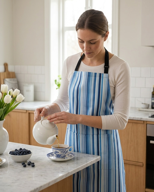 Shades of Light Blue Stripes adult apron worn in a bright kitchen — 100% premium polyester