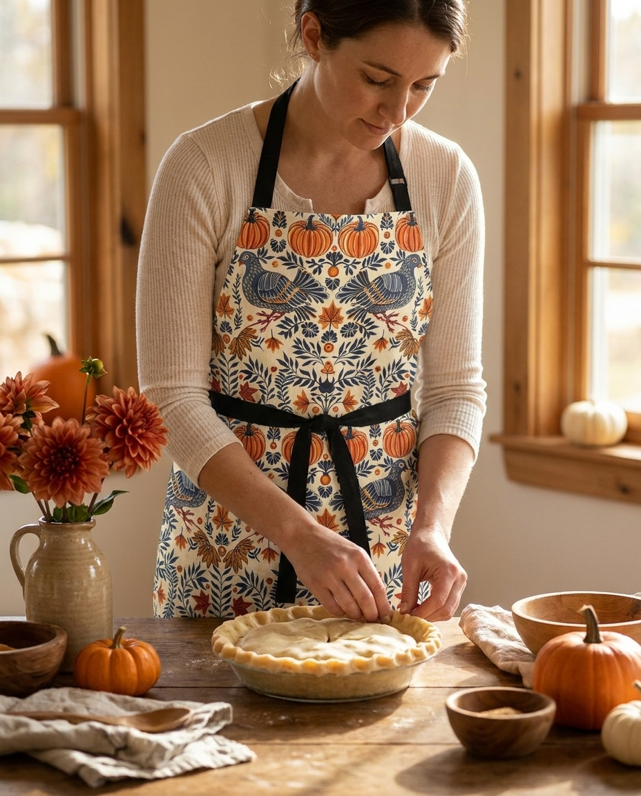 Autumn Harvest Woodcut adult apron worn in a bright kitchen — 100% premium polyester
