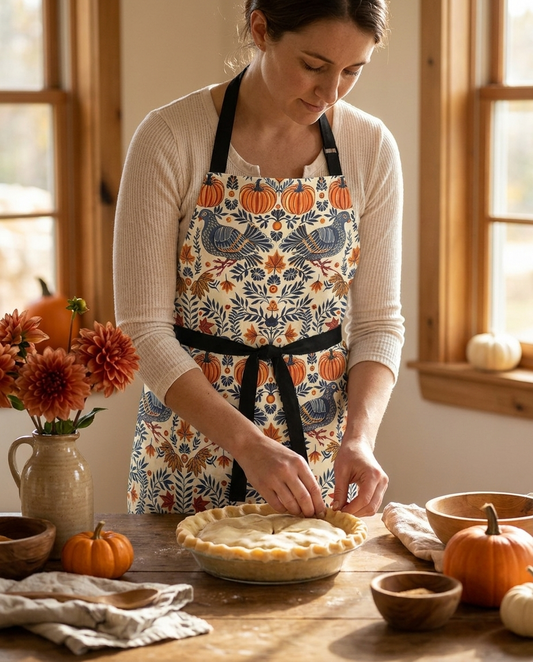 Autumn Harvest Woodcut adult apron worn in a bright kitchen — 100% premium polyester