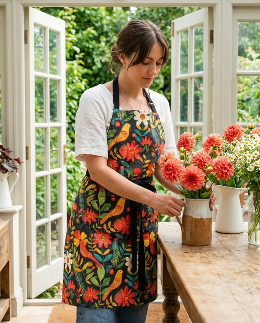 Blooming Bird Wonderland adult apron worn in a bright kitchen — 100% premium polyester