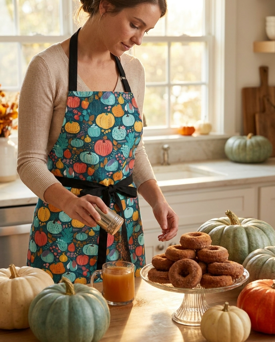 Fall Pumpkin Dance adult apron worn in a bright kitchen — 100% premium polyester