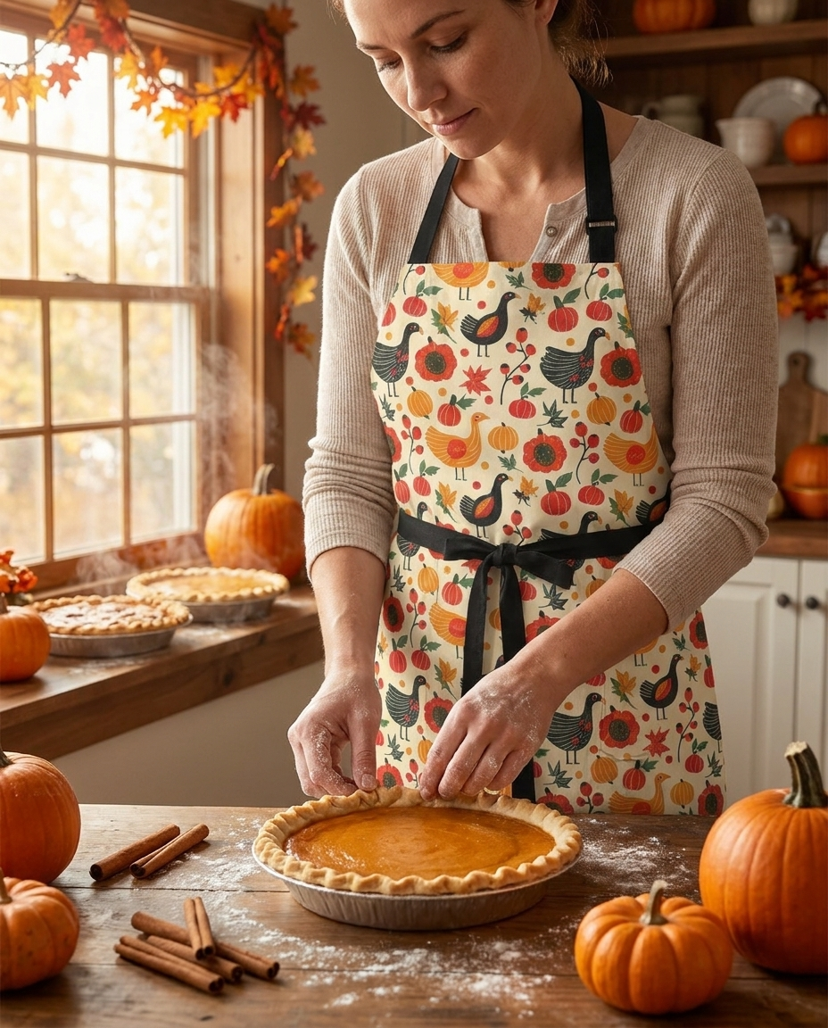 Turkey Trot Harvest adult apron worn in a warm autumn Thanksgiving kitchen — 100% premium polyester