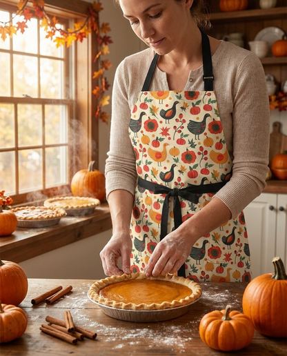 Turkey Trot Harvest adult apron worn in a warm autumn Thanksgiving kitchen — 100% premium polyester
