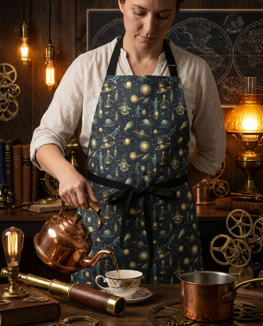 Steampunk Space Explorer adult apron worn in a warm lamplit study kitchen — 100% premium polyester