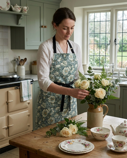 Timeless Teal English Garden adult apron worn in a bright kitchen — 100% premium polyester
