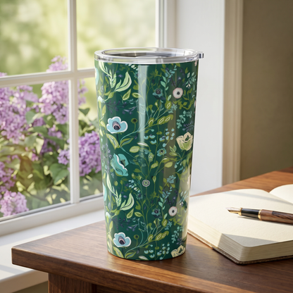 Serene Green Floral tumbler on a writing desk by a lilac window